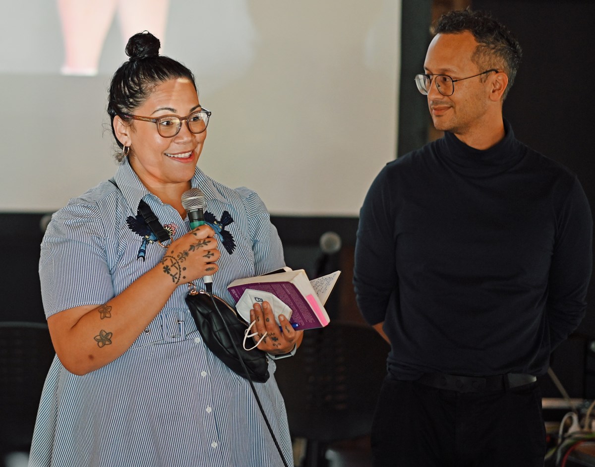 Creative Director Elyssia Wilson-Heti, and Co-Chair Kaan Hiini speaking at the Gay Liberation: 50 Years of Resistance & Reclamation event in June